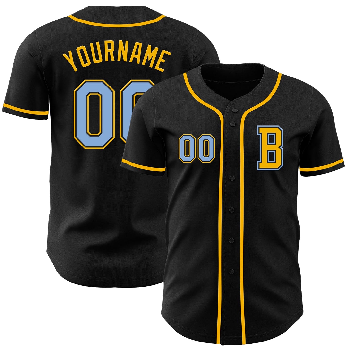 Custom Black Light Blue-Gold Authentic Baseball Jersey - Main View