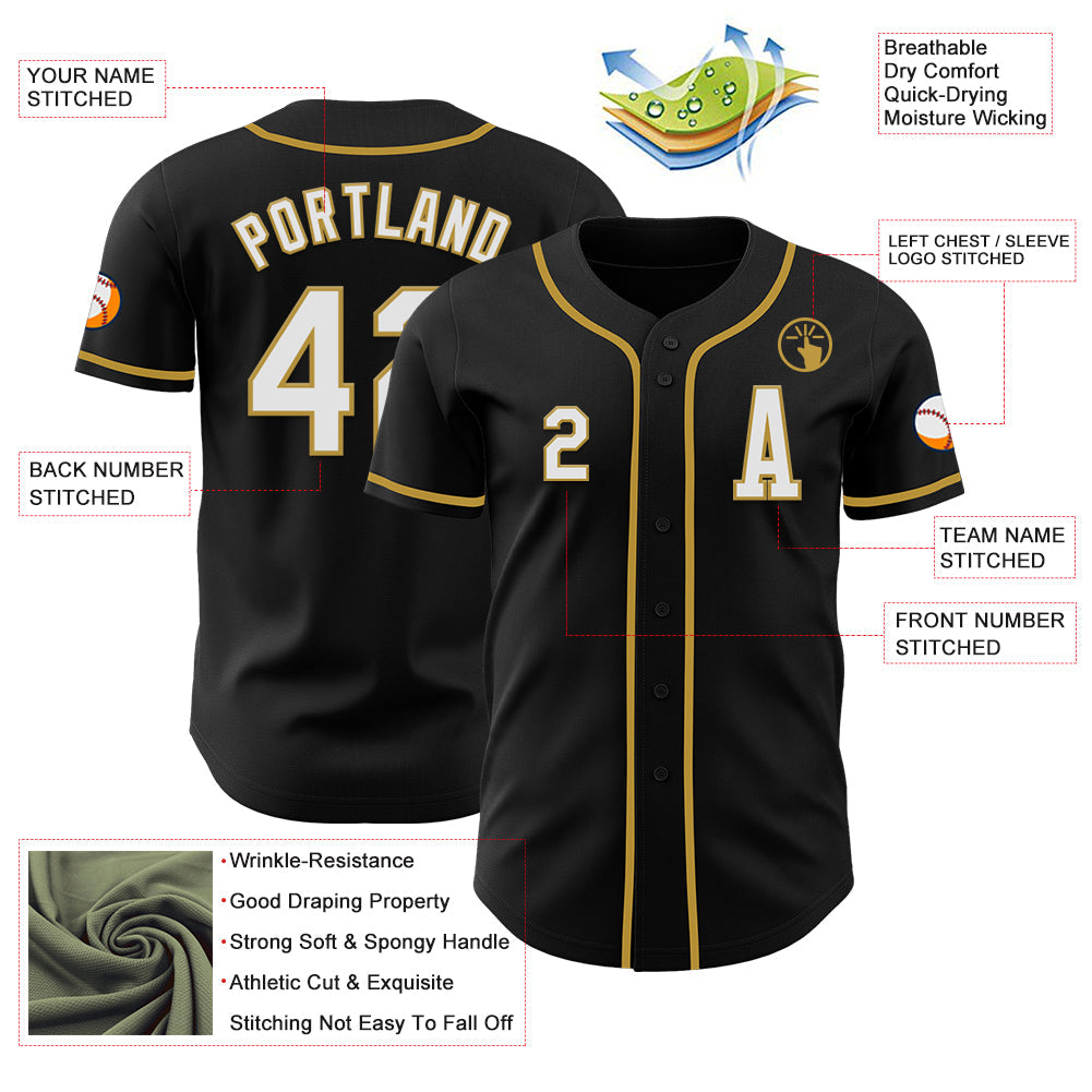 Custom Black White-Old Gold Authentic Baseball Jersey view 2