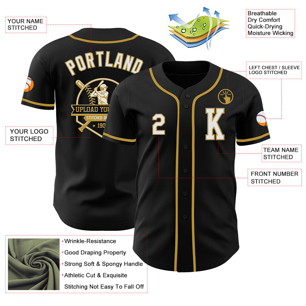 Custom Black White-Old Gold Authentic Baseball Jersey view 6