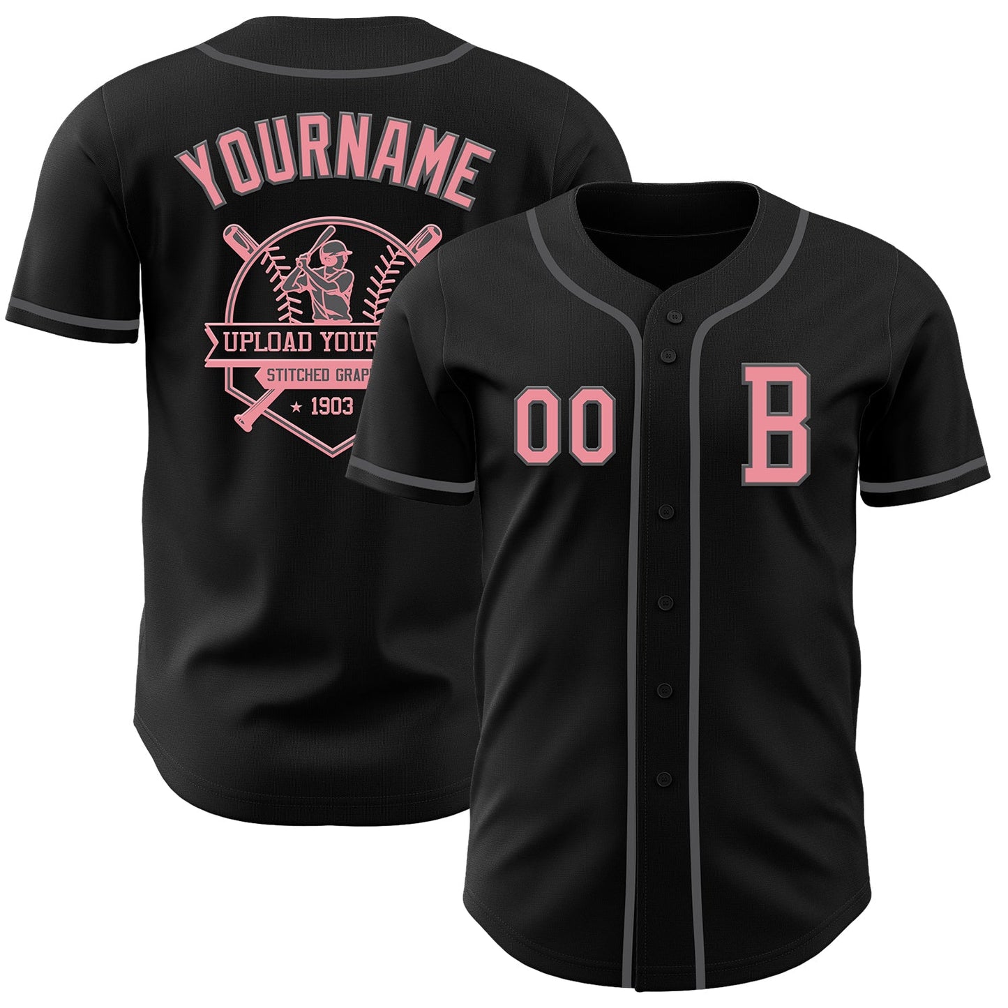 Custom Black Medium Pink-Steel Gray Authentic Baseball Jersey view 5