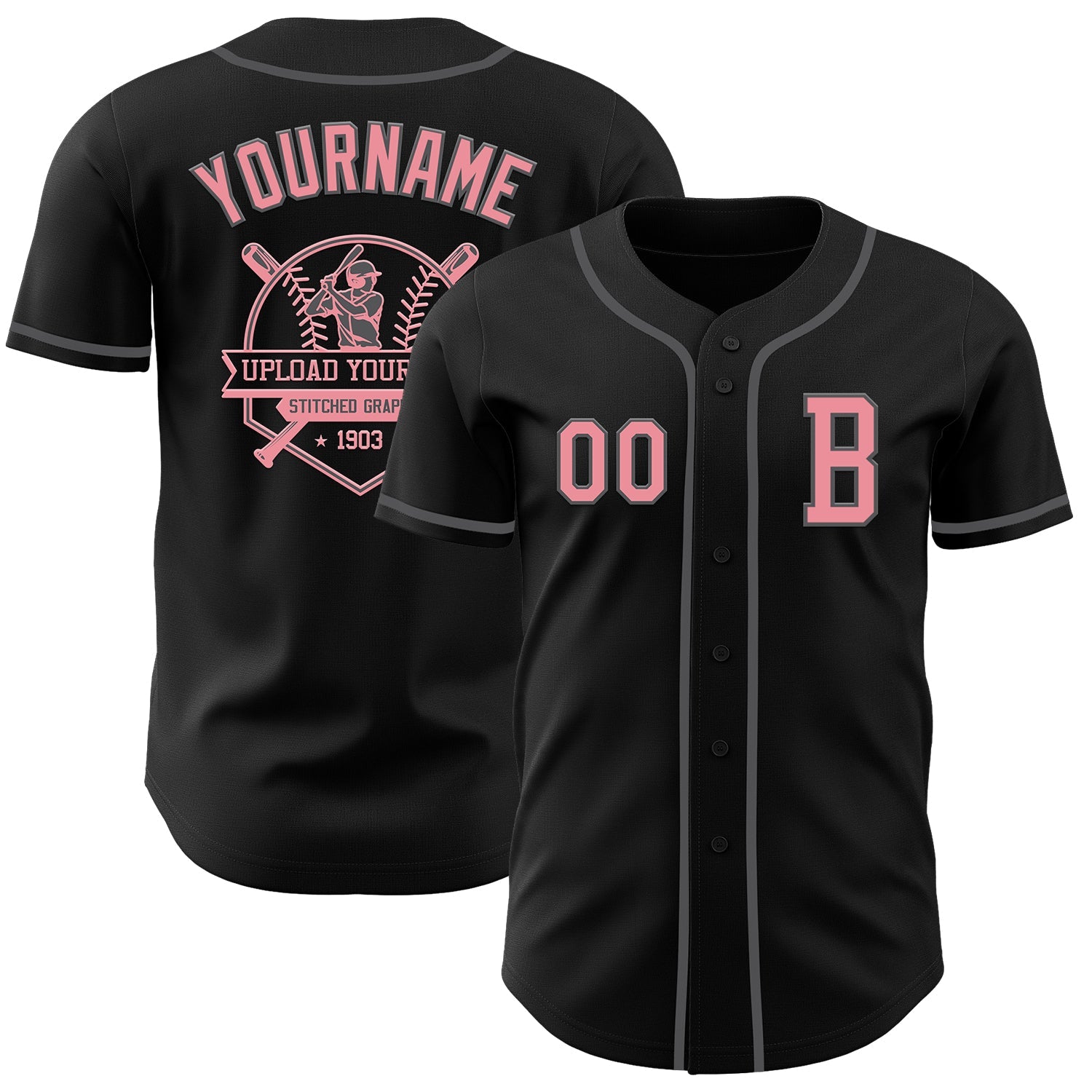 Custom Black Medium Pink-Steel Gray Authentic Baseball Jersey view 5