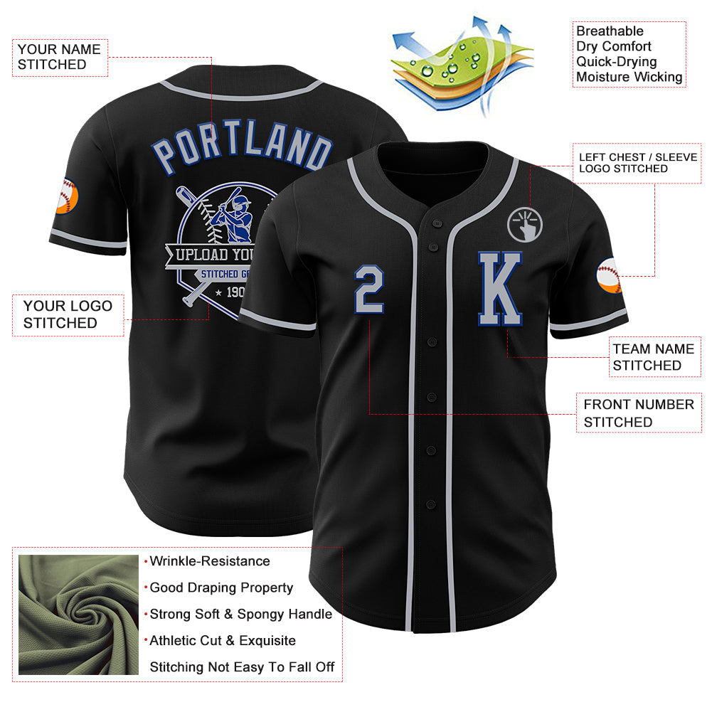 Custom Black Gray-Royal Authentic Baseball Jersey view 6