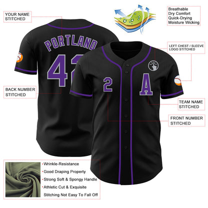 Custom Black Purple-Gray Authentic Baseball Jersey view 2