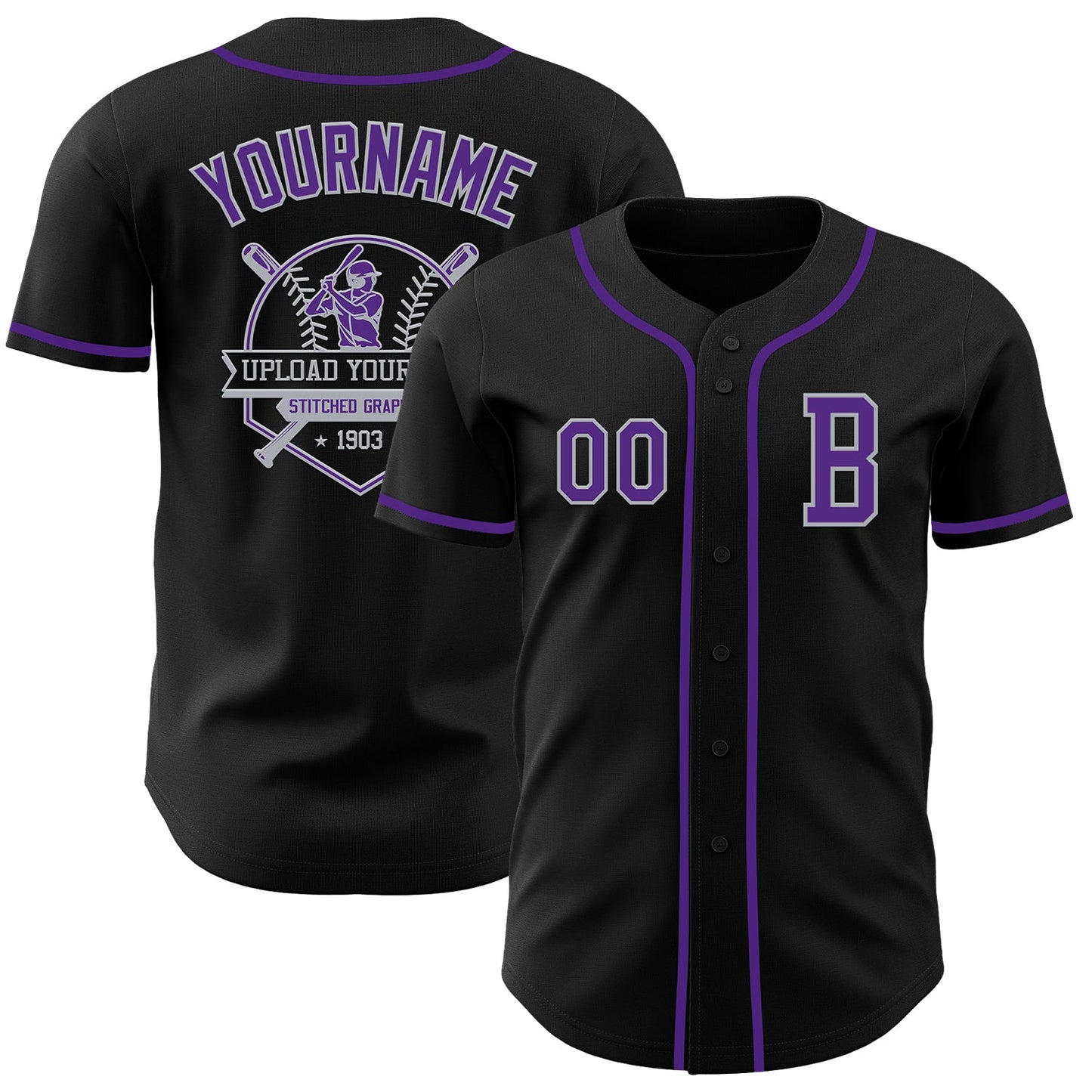 Custom Black Purple-Gray Authentic Baseball Jersey view 5