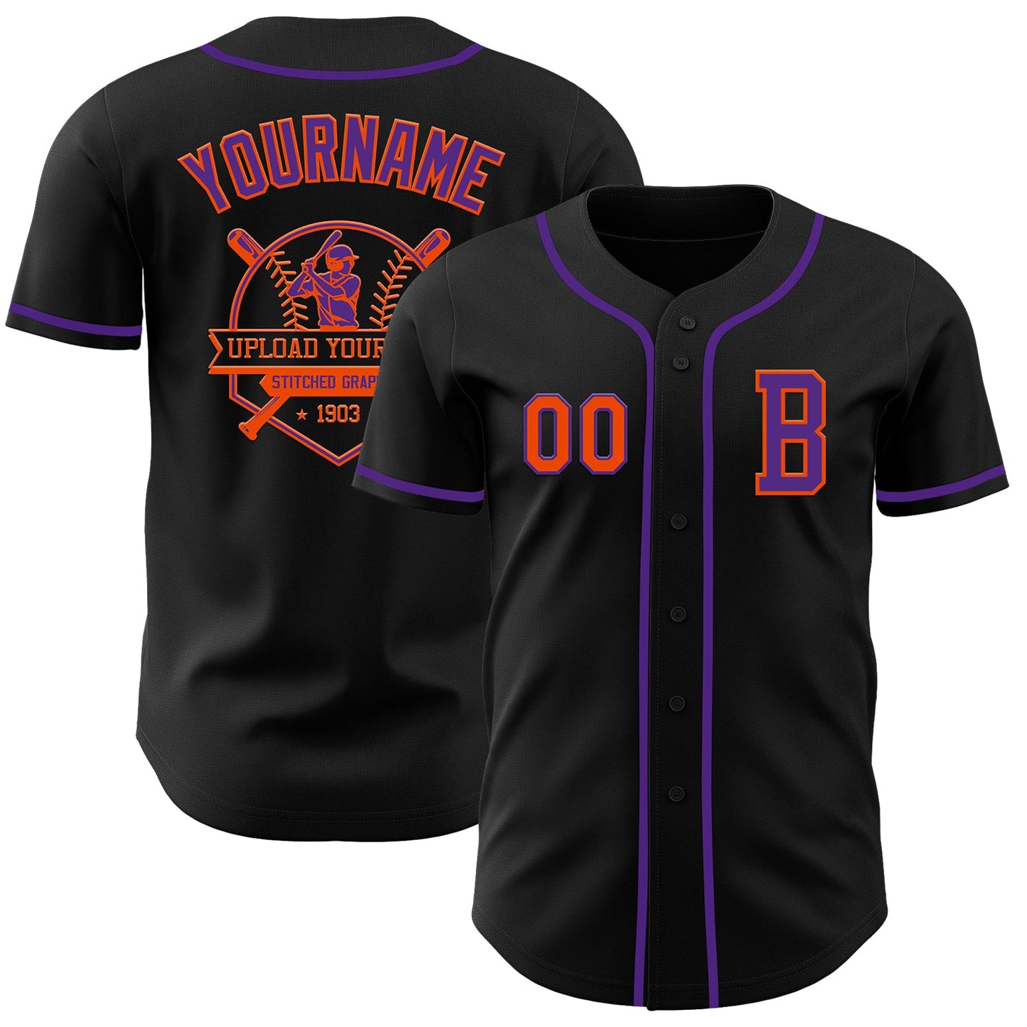 Custom Black Orange-Purple Authentic Baseball Jersey view 5