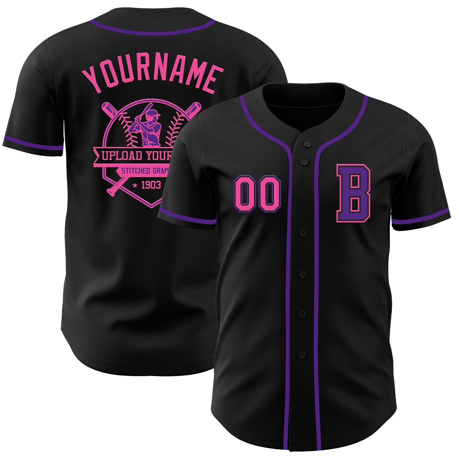 Custom Black Pink-Purple Authentic Baseball Jersey view 5