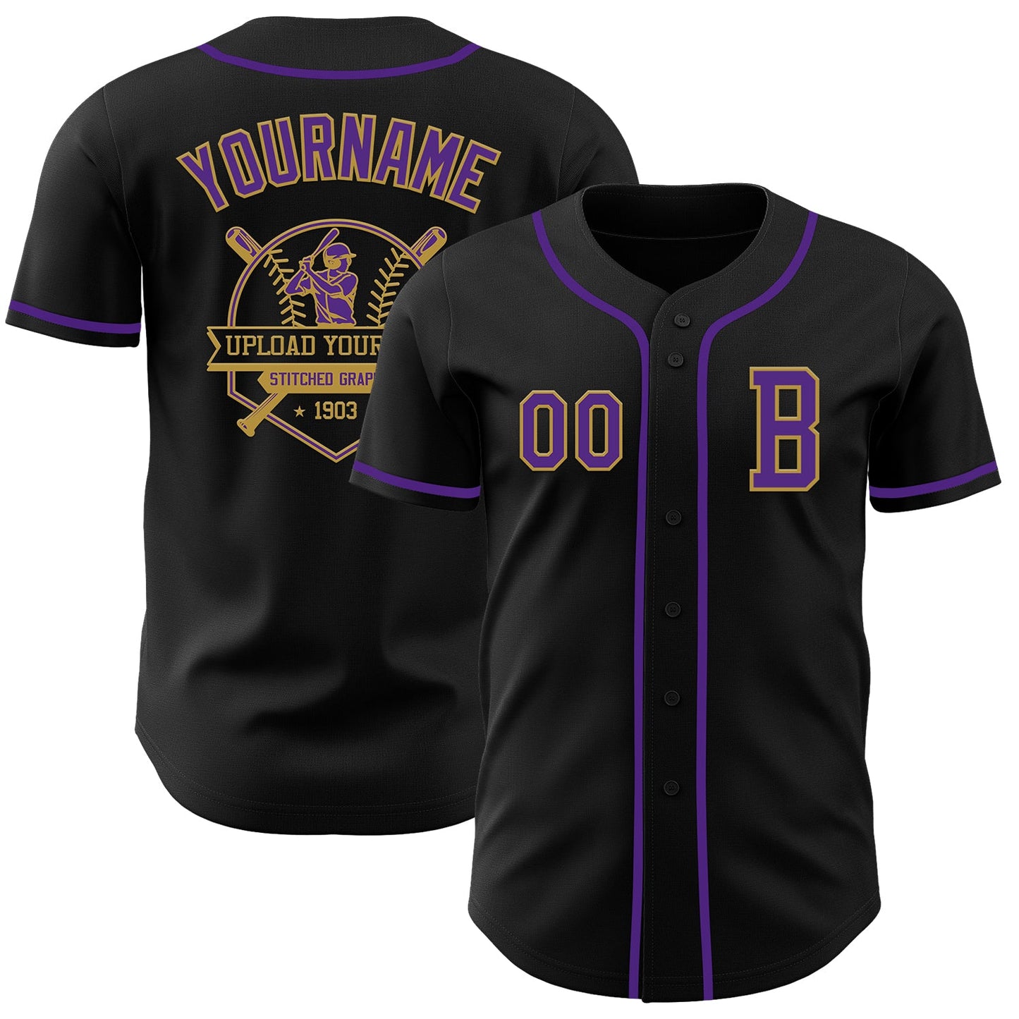 Custom Black Purple-Old Gold Authentic Baseball Jersey view 5