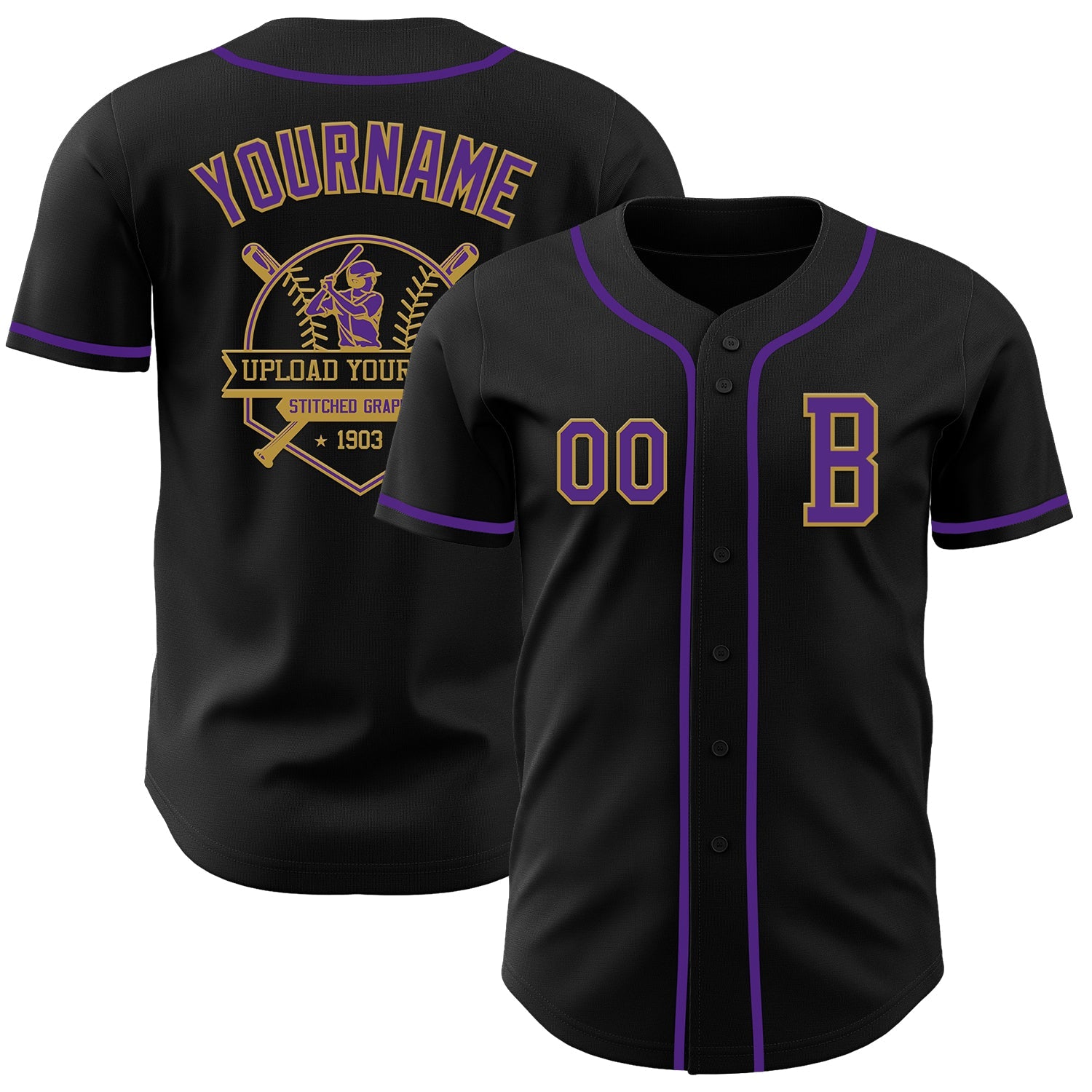 Custom Black Purple-Old Gold Authentic Baseball Jersey view 5