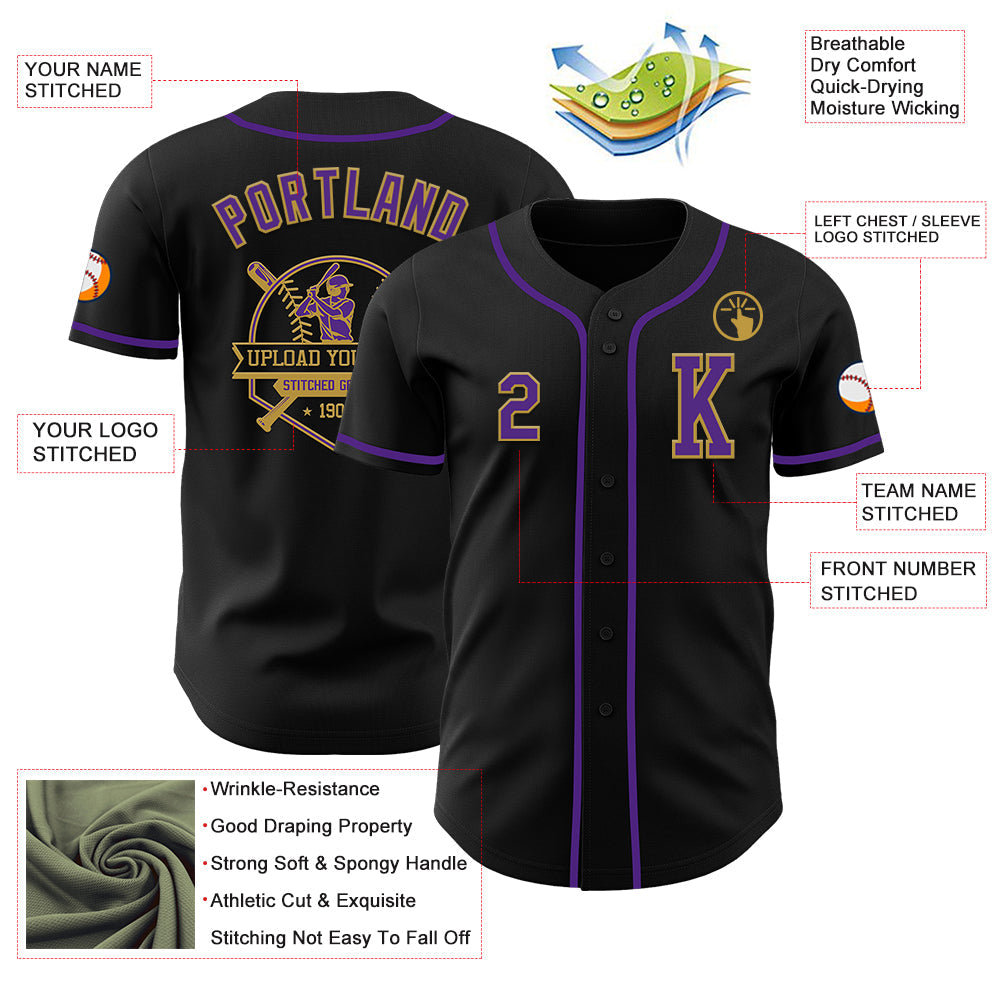 Custom Black Purple-Old Gold Authentic Baseball Jersey view 6