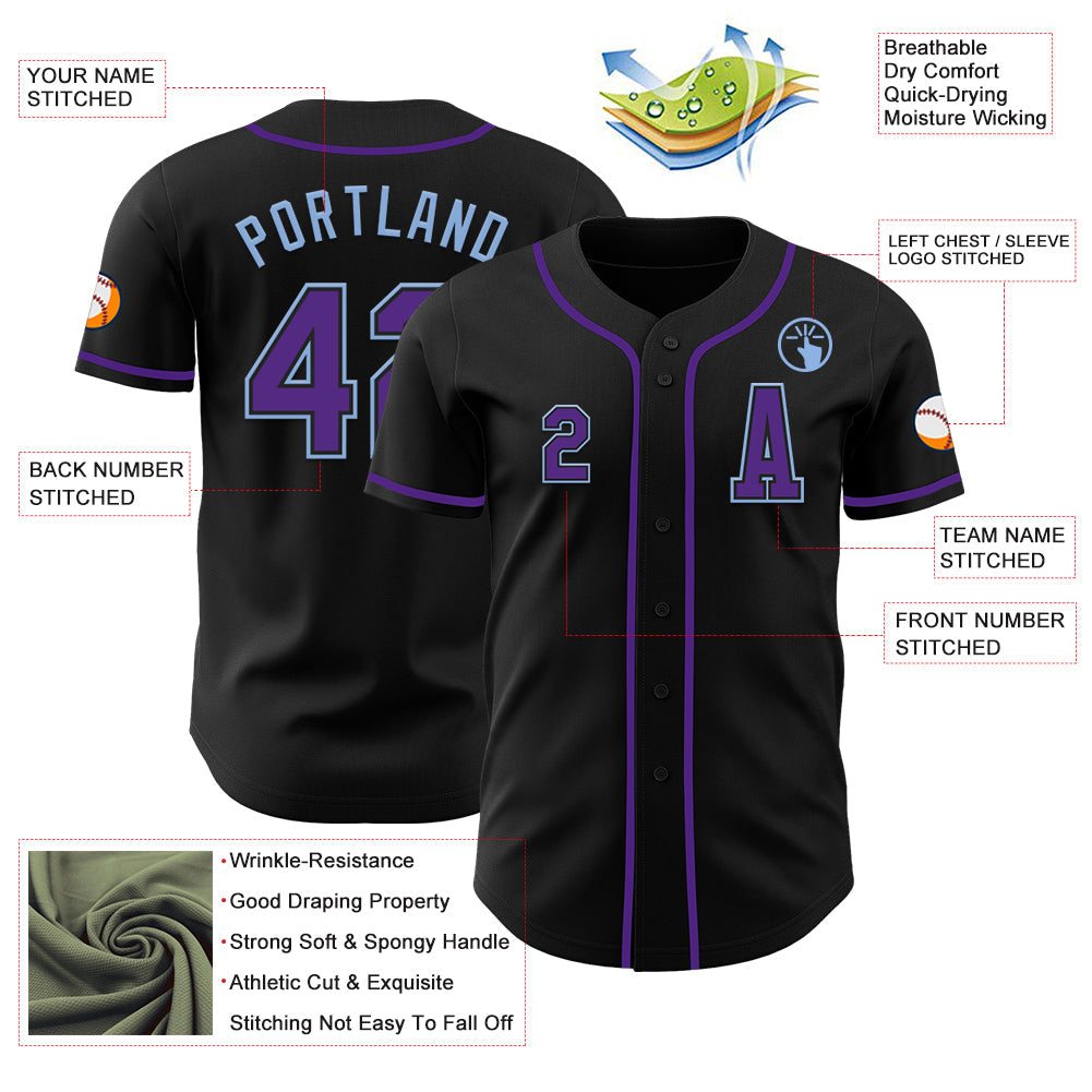 Custom Black Purple-Light Blue Authentic Baseball Jersey view 2