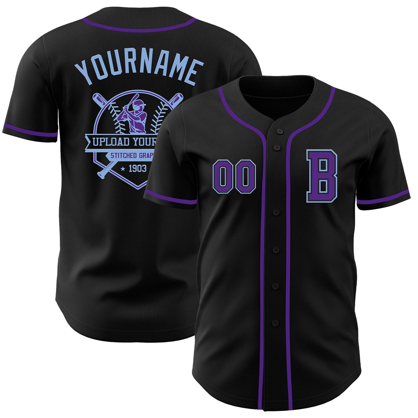 Custom Black Purple-Light Blue Authentic Baseball Jersey view 5