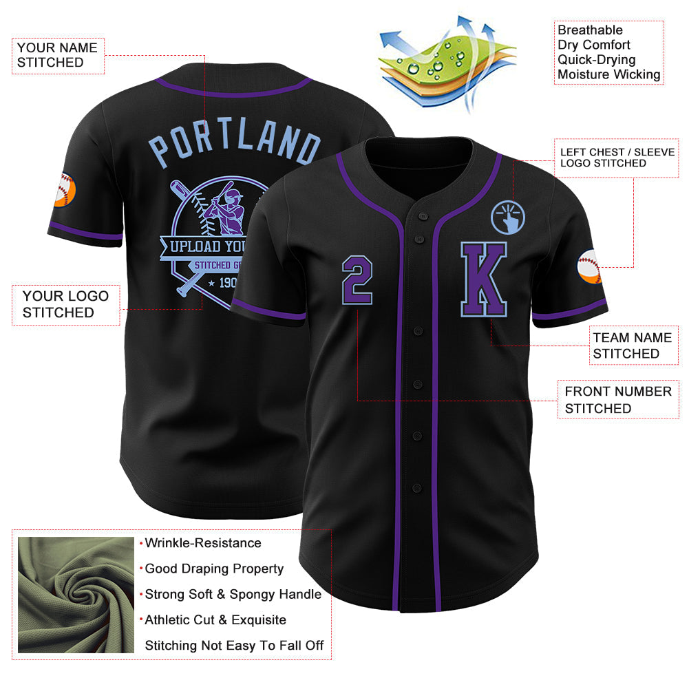 Custom Black Purple-Light Blue Authentic Baseball Jersey view 6