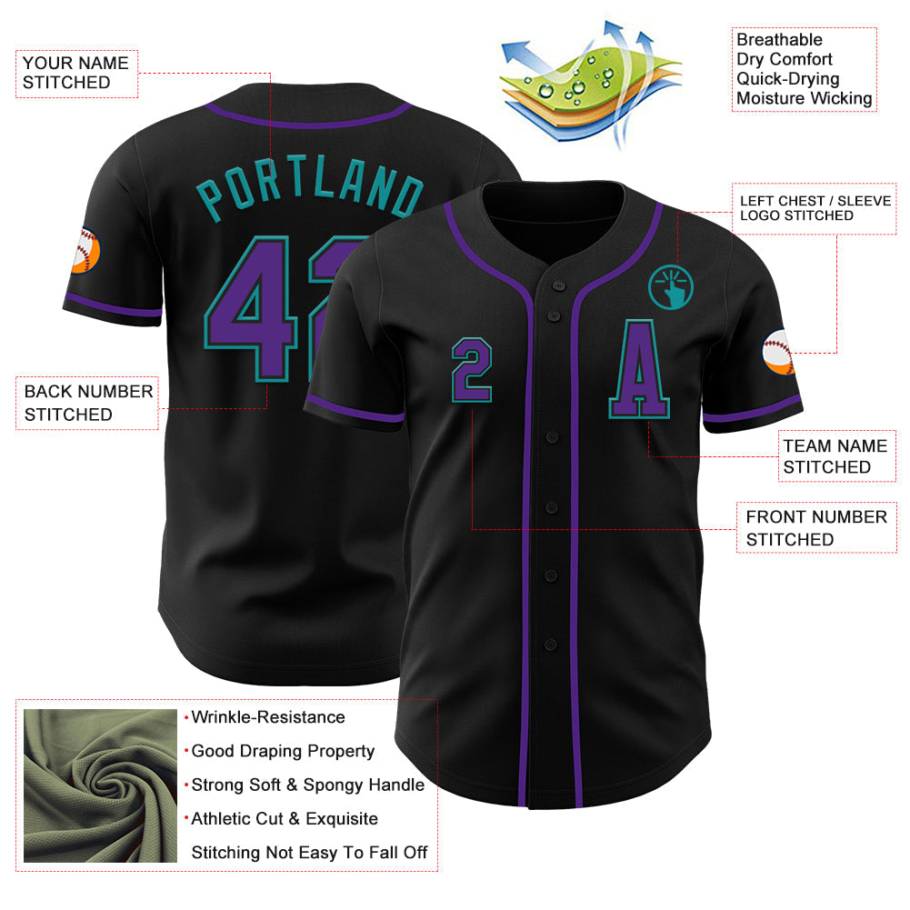 Custom Black Purple-Teal Authentic Baseball Jersey view 2