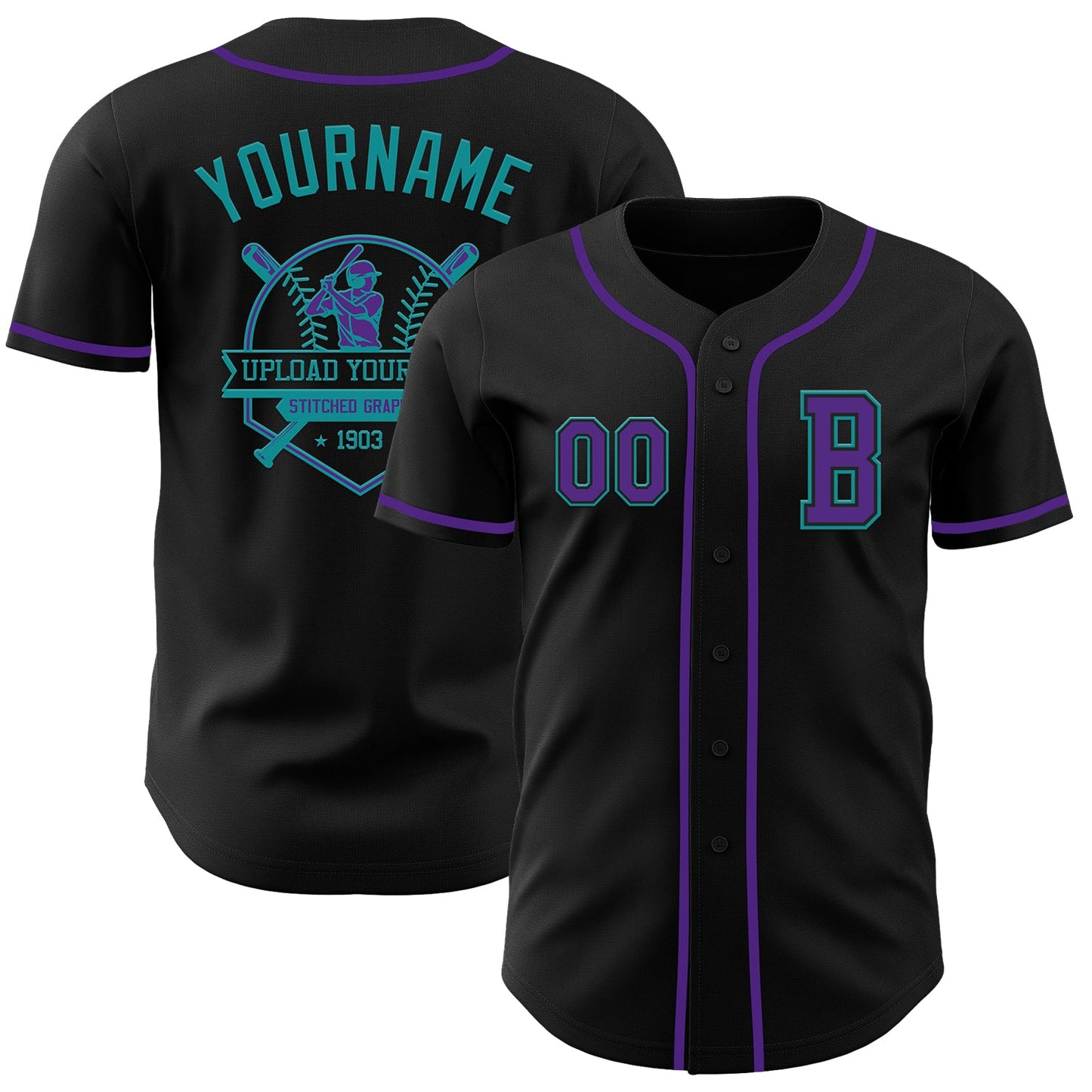 Custom Black Purple-Teal Authentic Baseball Jersey view 5