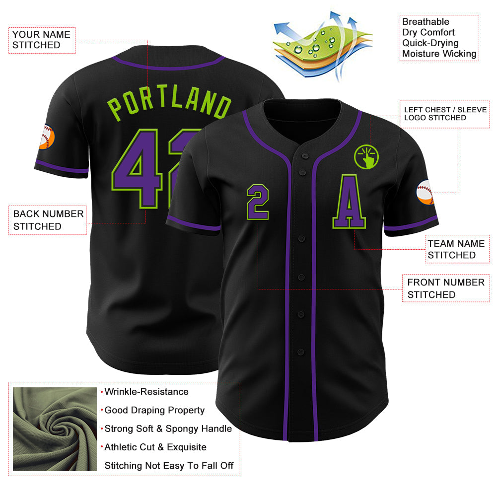 Custom Black Purple-Neon Green Authentic Baseball Jersey view 2