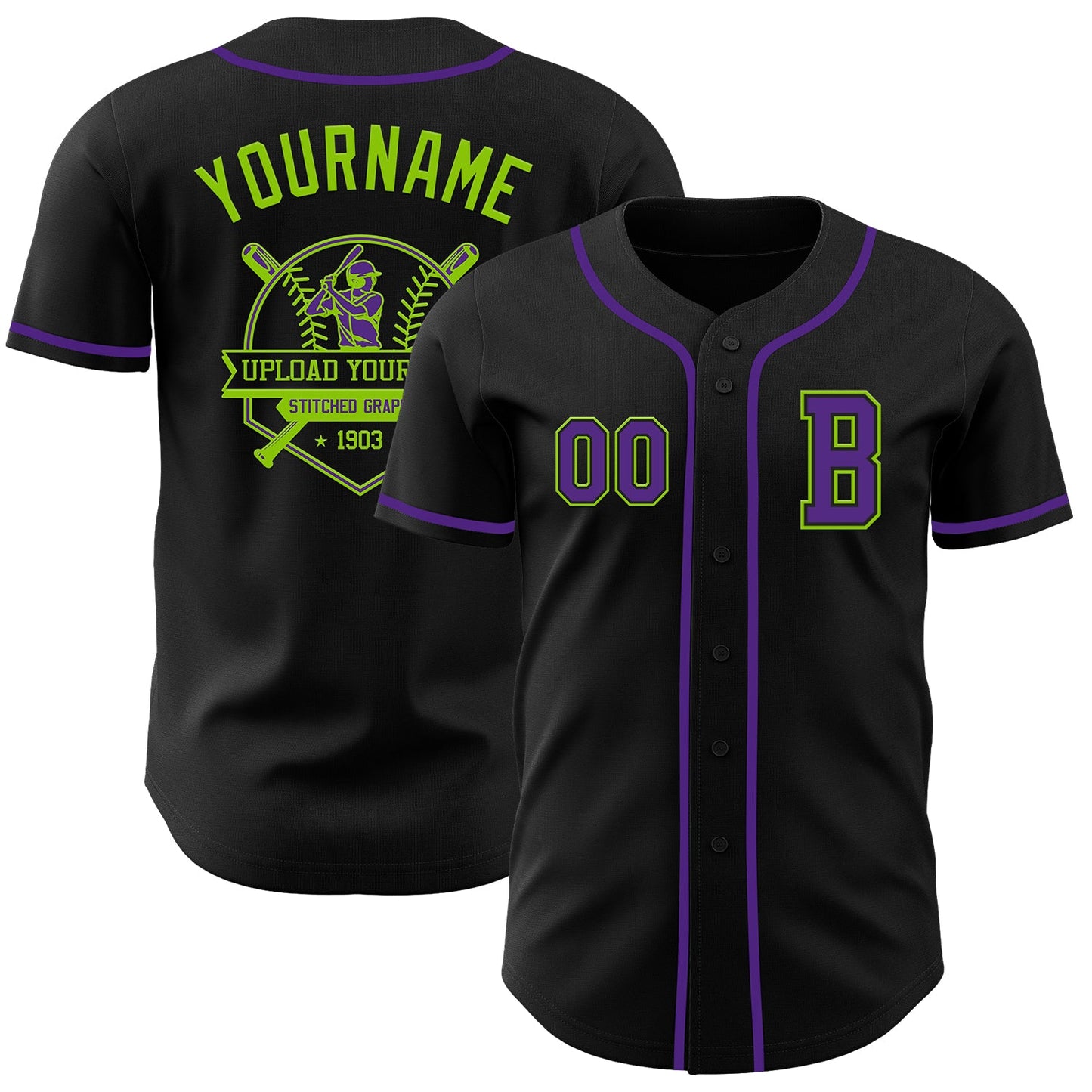 Custom Black Purple-Neon Green Authentic Baseball Jersey view 5