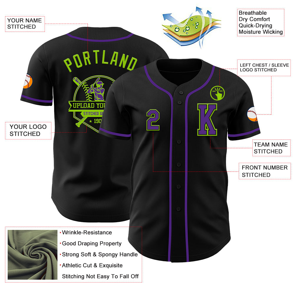 Custom Black Purple-Neon Green Authentic Baseball Jersey view 6