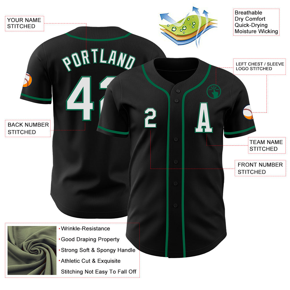 Custom Black White-Kelly Green Authentic Baseball Jersey view 2