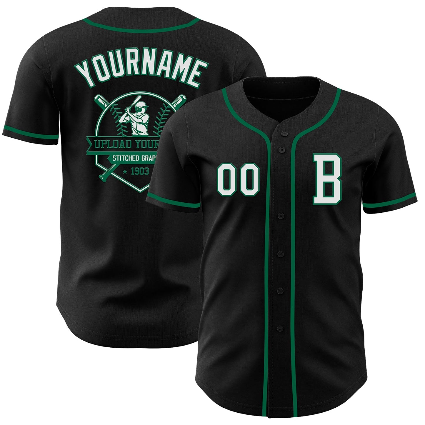 Custom Black White-Kelly Green Authentic Baseball Jersey view 5
