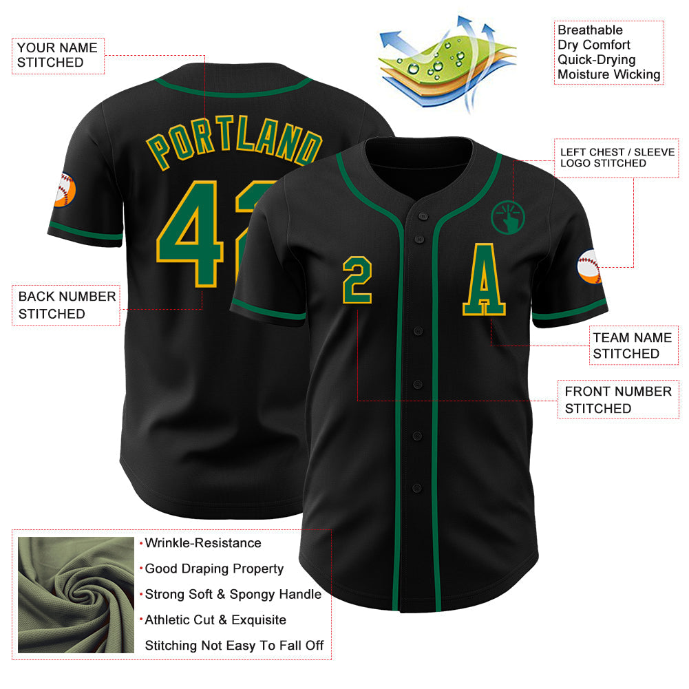 Custom Black Kelly Green-Gold Authentic Baseball Jersey view 2