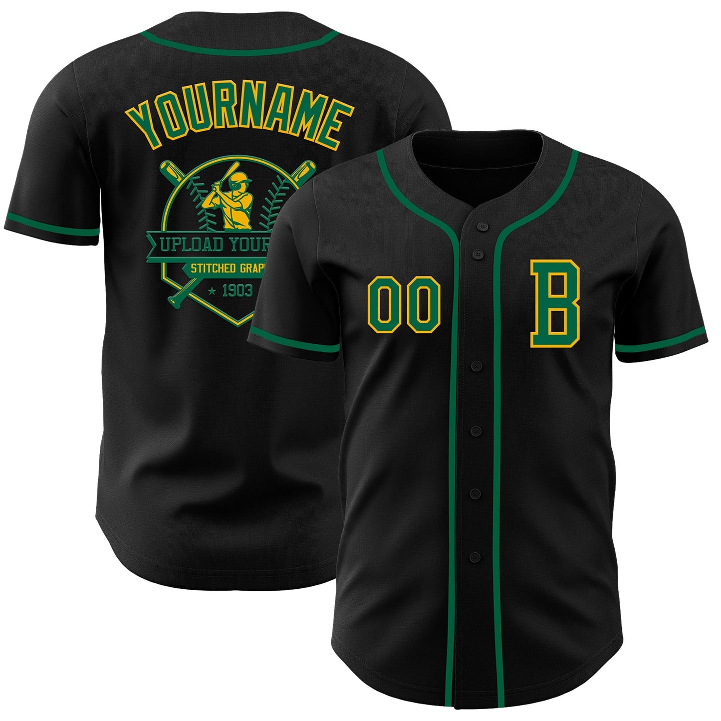 Custom Black Kelly Green-Gold Authentic Baseball Jersey view 5