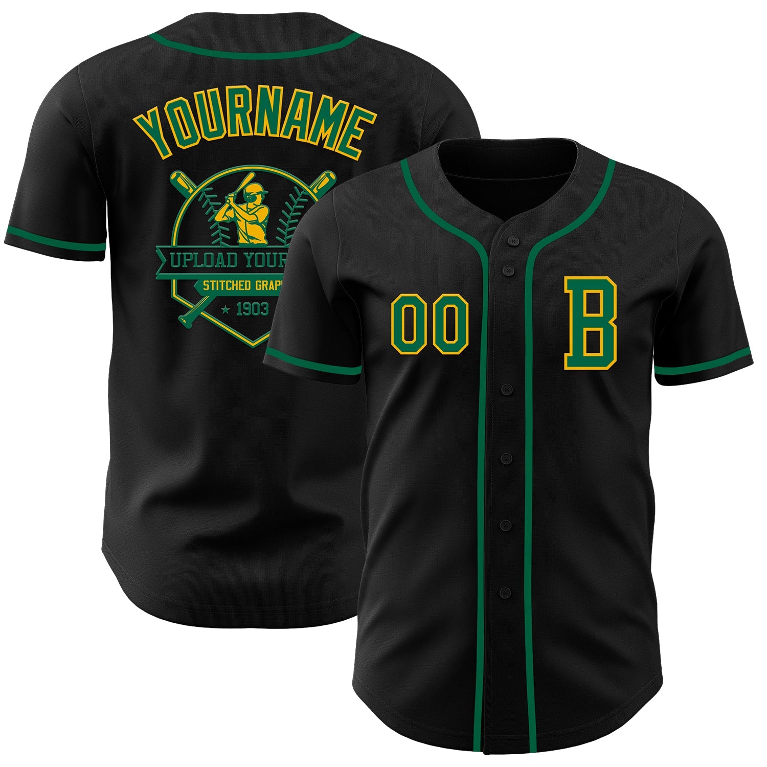 Custom Black Kelly Green-Gold Authentic Baseball Jersey view 5