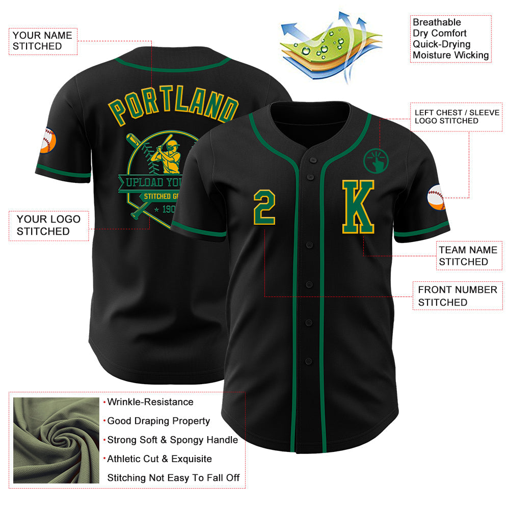 Custom Black Kelly Green-Gold Authentic Baseball Jersey view 6