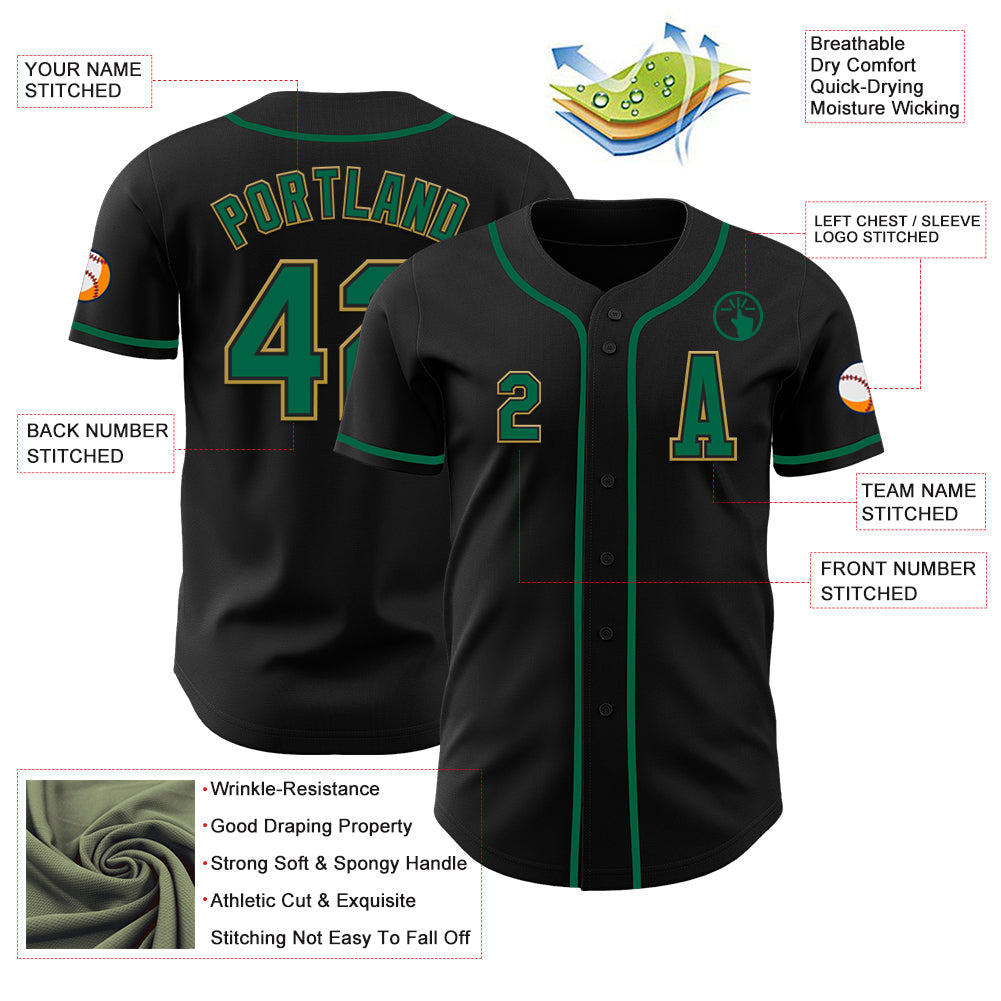 Custom Black Kelly Green-Old Gold Authentic Baseball Jersey view 2