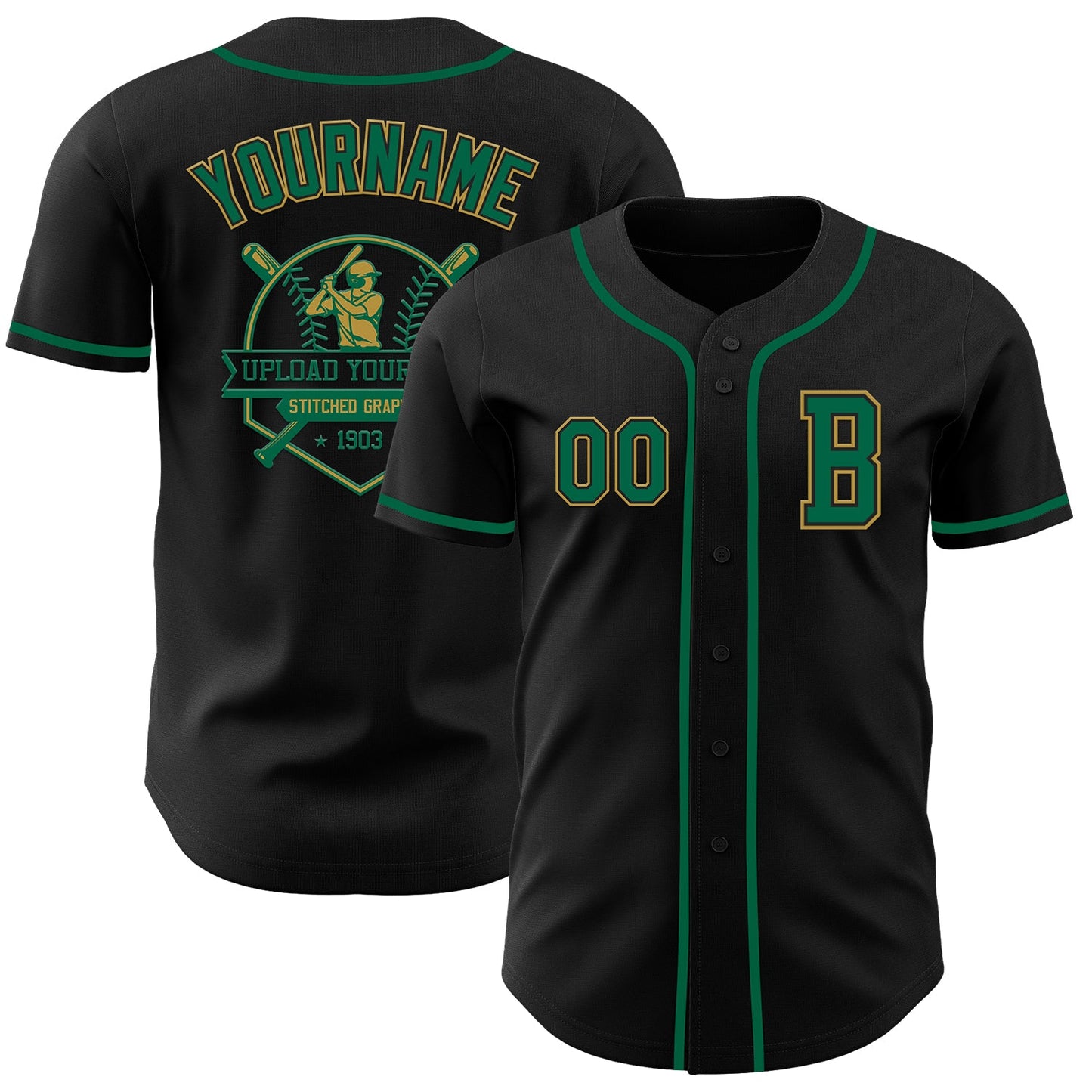 Custom Black Kelly Green-Old Gold Authentic Baseball Jersey view 5