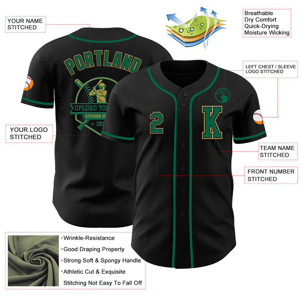 Custom Black Kelly Green-Old Gold Authentic Baseball Jersey view 6