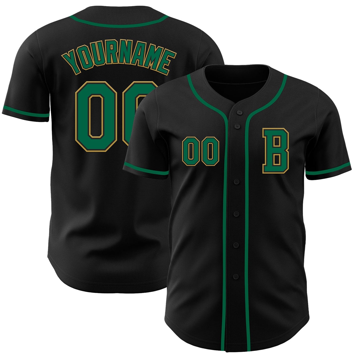 Custom Black Kelly Green-Old Gold Authentic Baseball Jersey - Main View