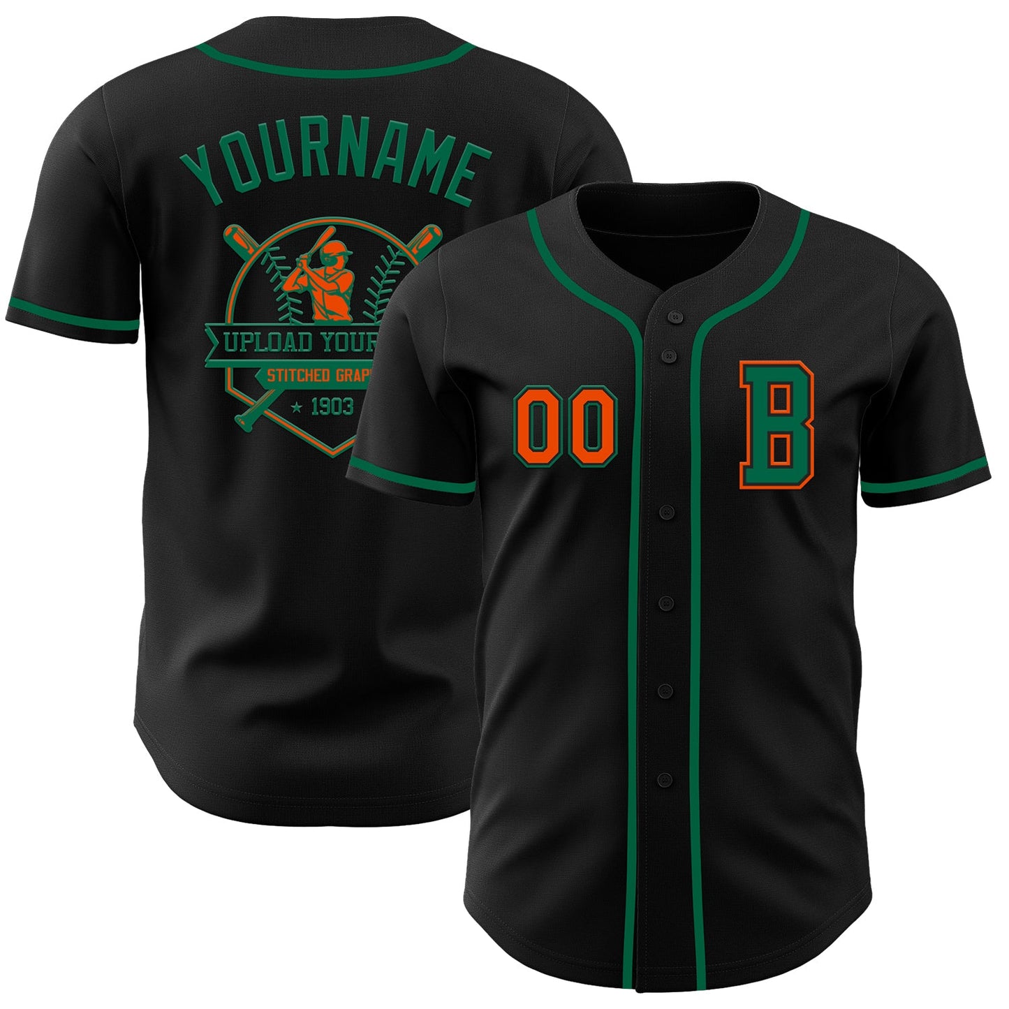 Custom Black Orange-Kelly Green Authentic Baseball Jersey view 5