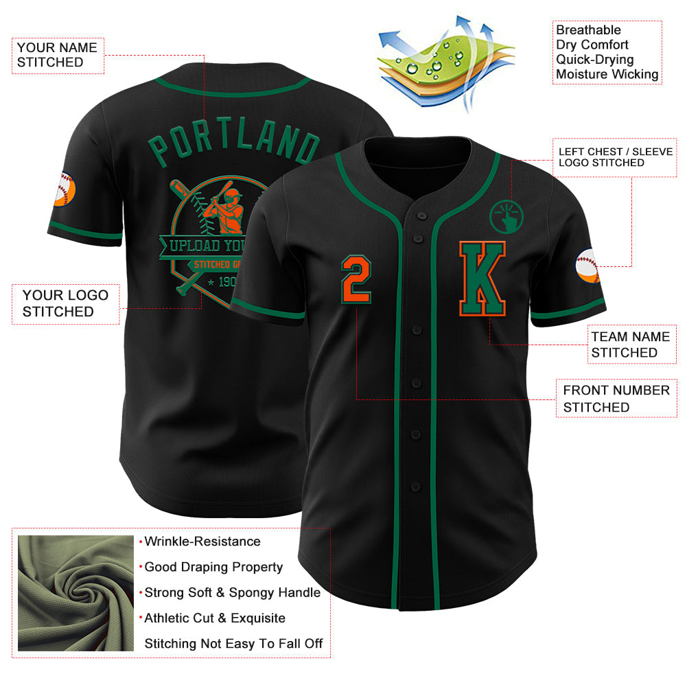 Custom Black Orange-Kelly Green Authentic Baseball Jersey view 6