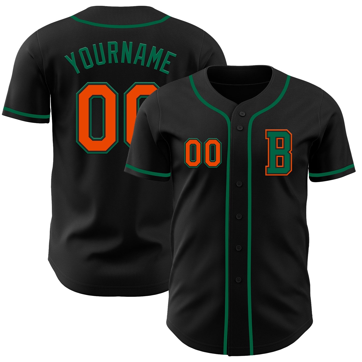Custom Black Orange-Kelly Green Authentic Baseball Jersey - Main View