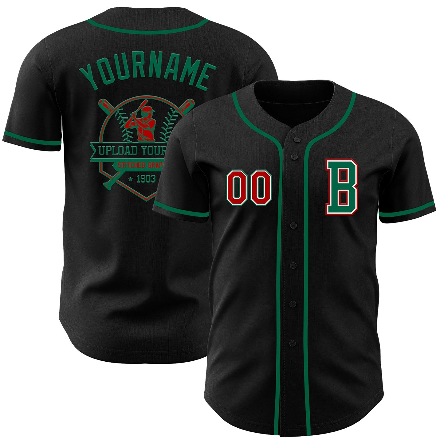 Custom Black Red-Kelly Green Authentic Baseball Jersey view 5