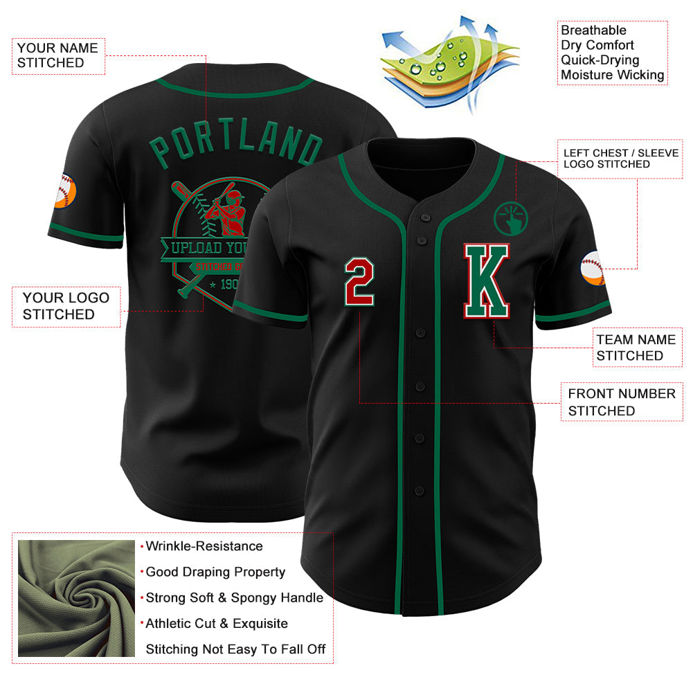 Custom Black Red-Kelly Green Authentic Baseball Jersey view 6