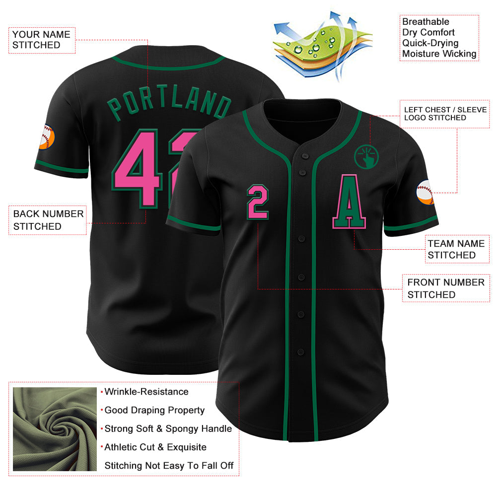 Custom Black Pink-Kelly Green Authentic Baseball Jersey view 2