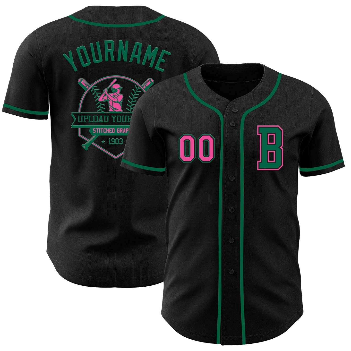 Custom Black Pink-Kelly Green Authentic Baseball Jersey view 5