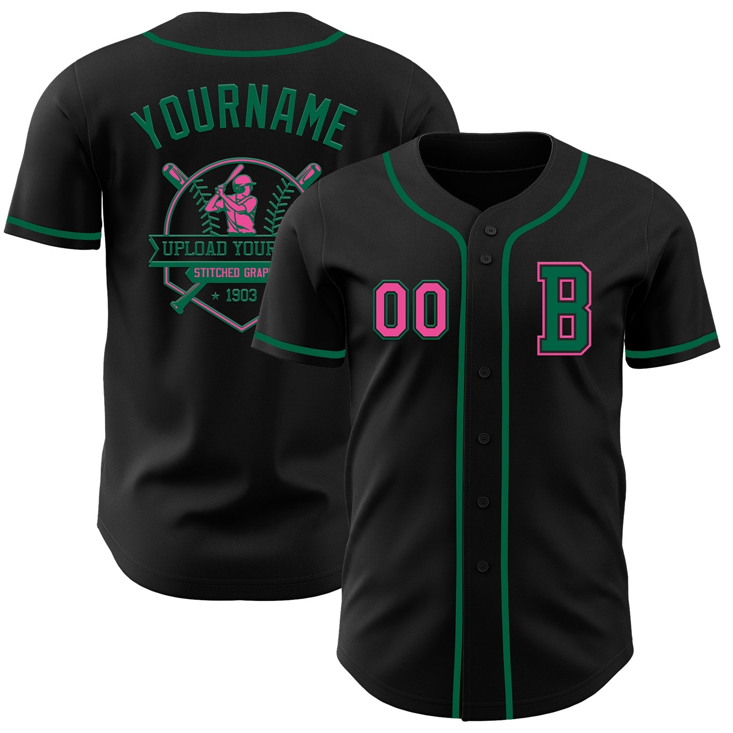 Custom Black Pink-Kelly Green Authentic Baseball Jersey view 5
