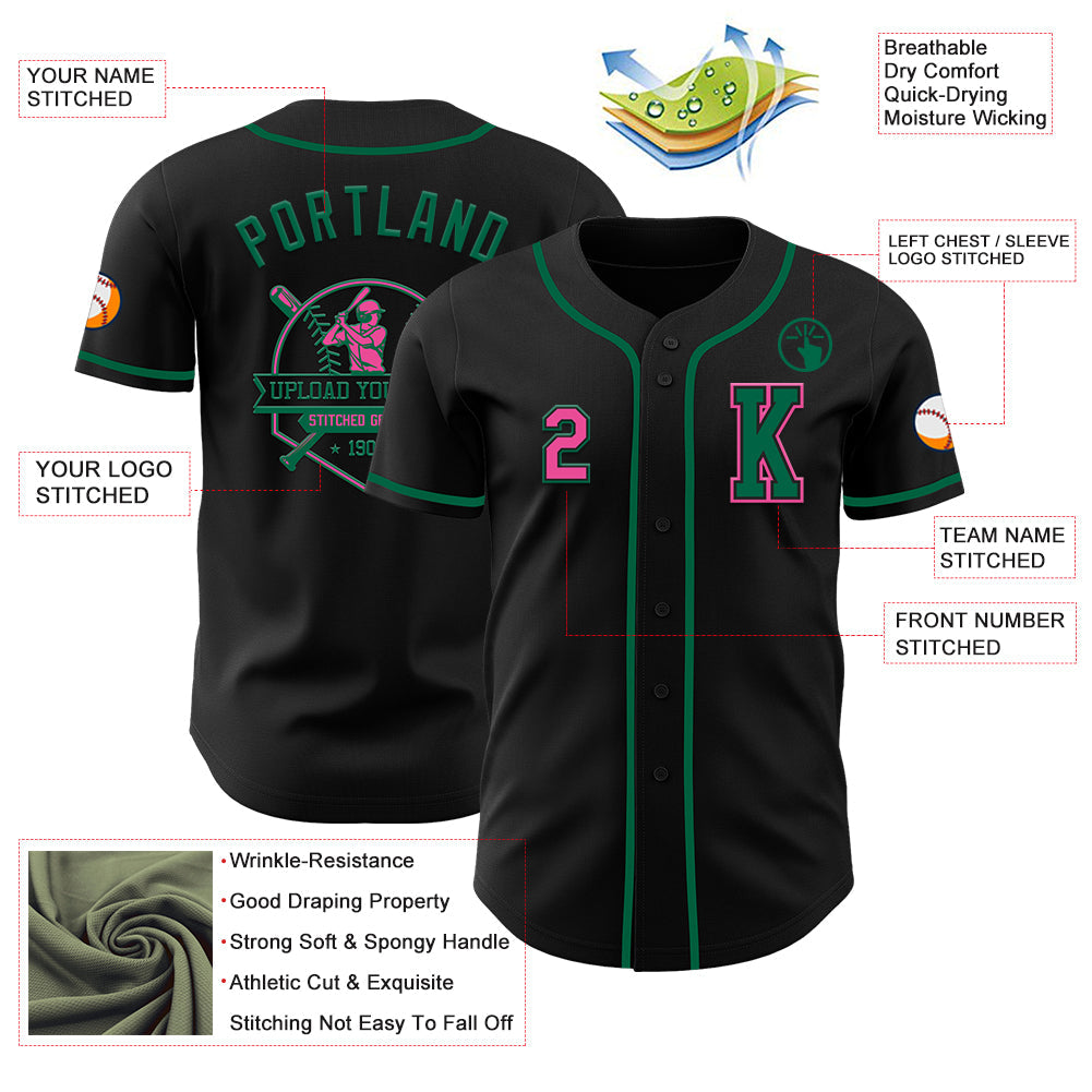 Custom Black Pink-Kelly Green Authentic Baseball Jersey view 6