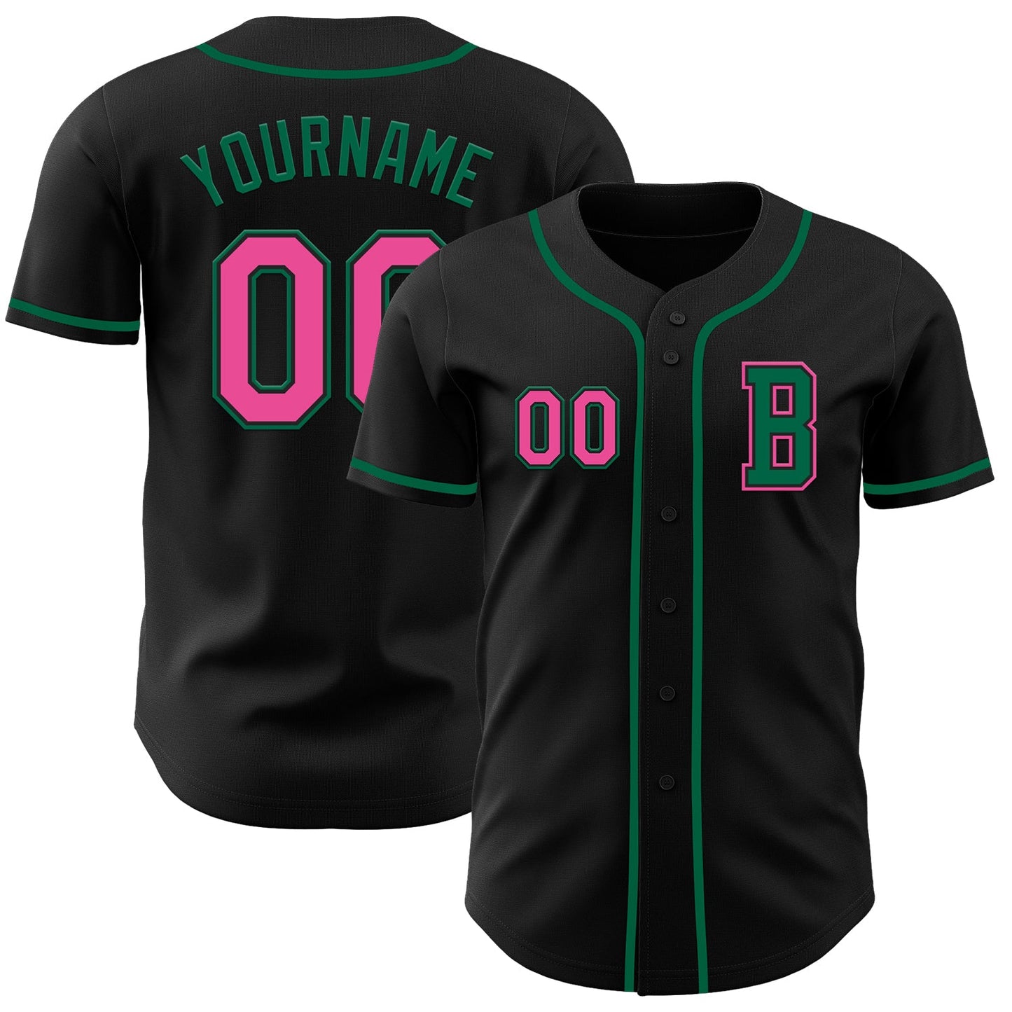 Custom Black Pink-Kelly Green Authentic Baseball Jersey - Main View