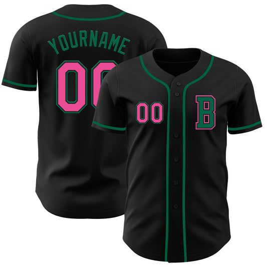 Custom Black Pink-Kelly Green Authentic Baseball Jersey - Main View