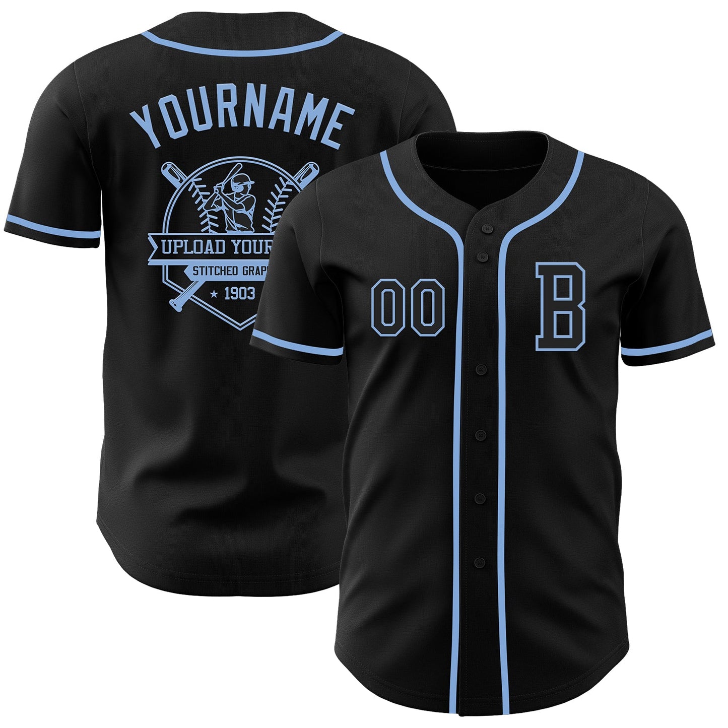 Custom Black Light Blue Authentic Baseball Jersey view 5