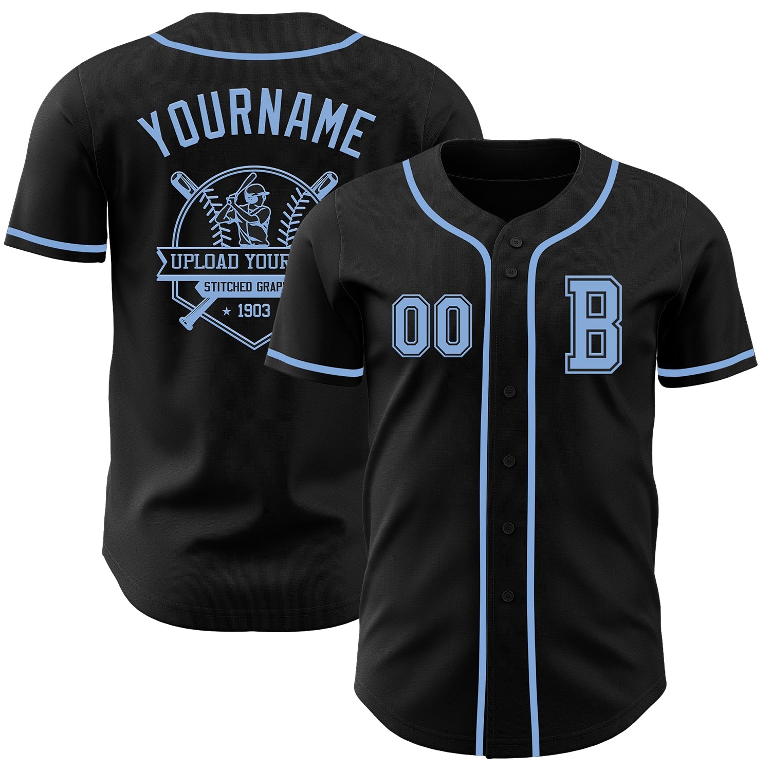 Custom Black Light Blue Authentic Baseball Jersey view 5
