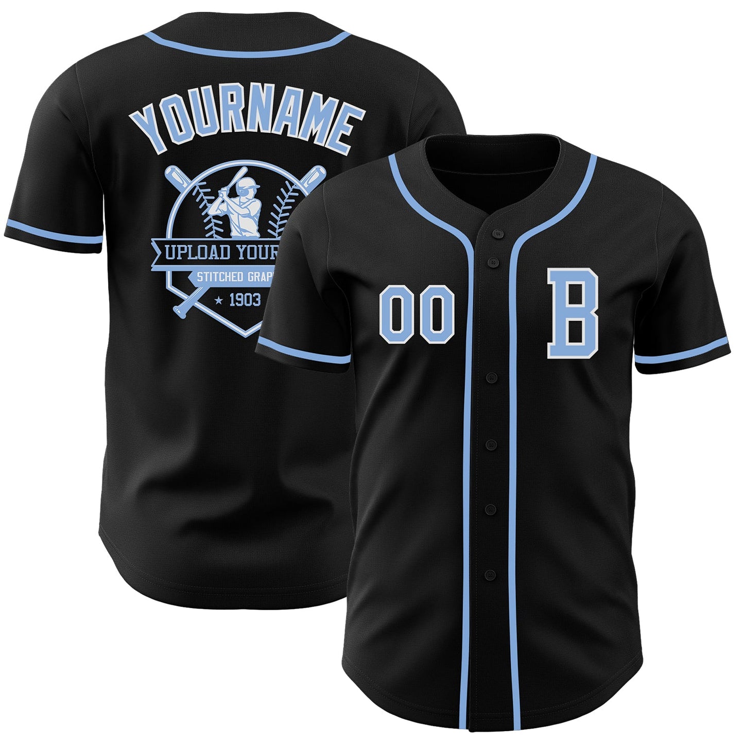 Custom Black Light Blue-White Authentic Baseball Jersey view 5