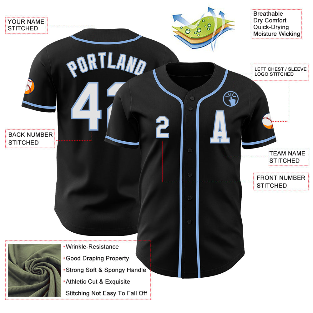 Custom Black White-Light Blue Authentic Baseball Jersey view 2