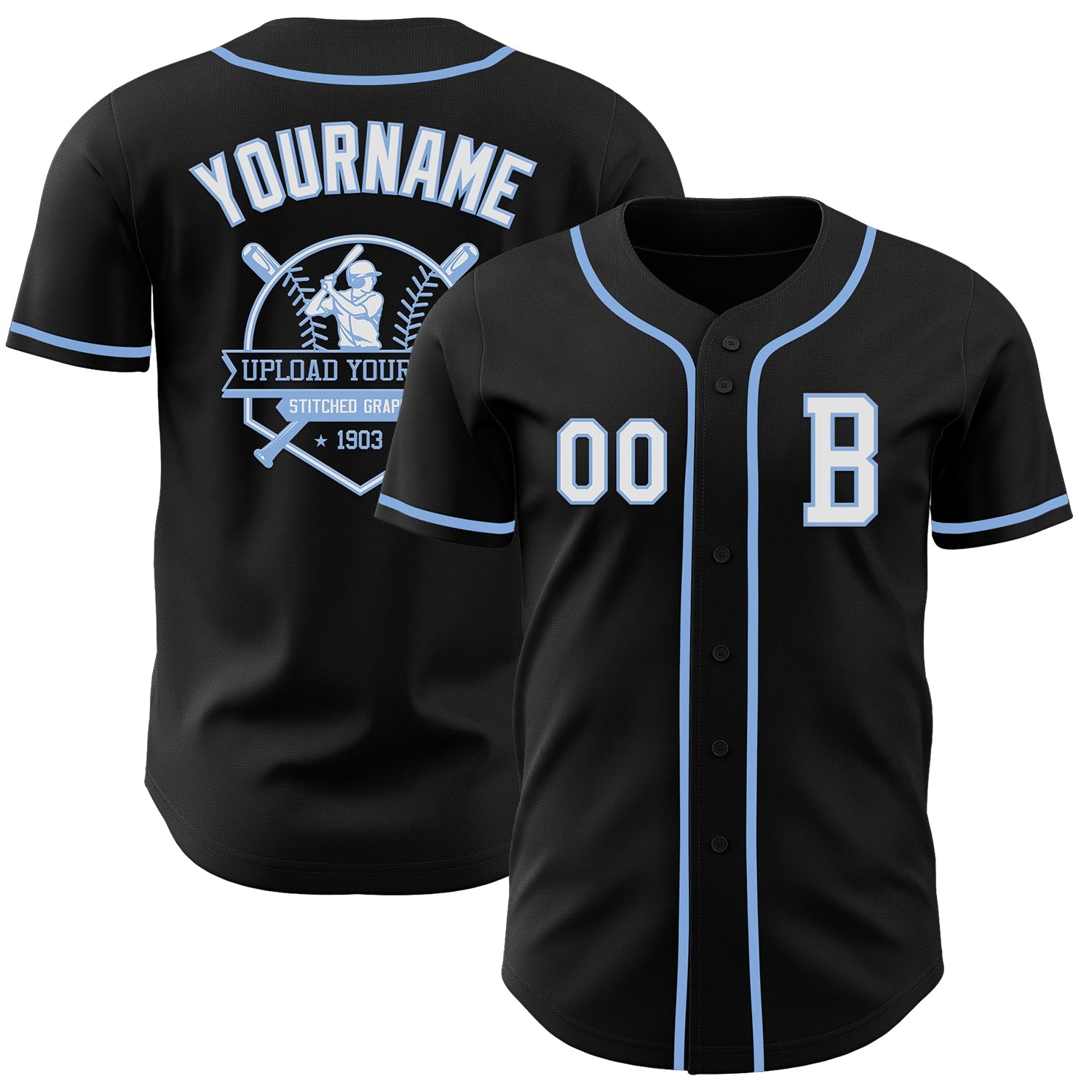 Custom Black White-Light Blue Authentic Baseball Jersey view 5