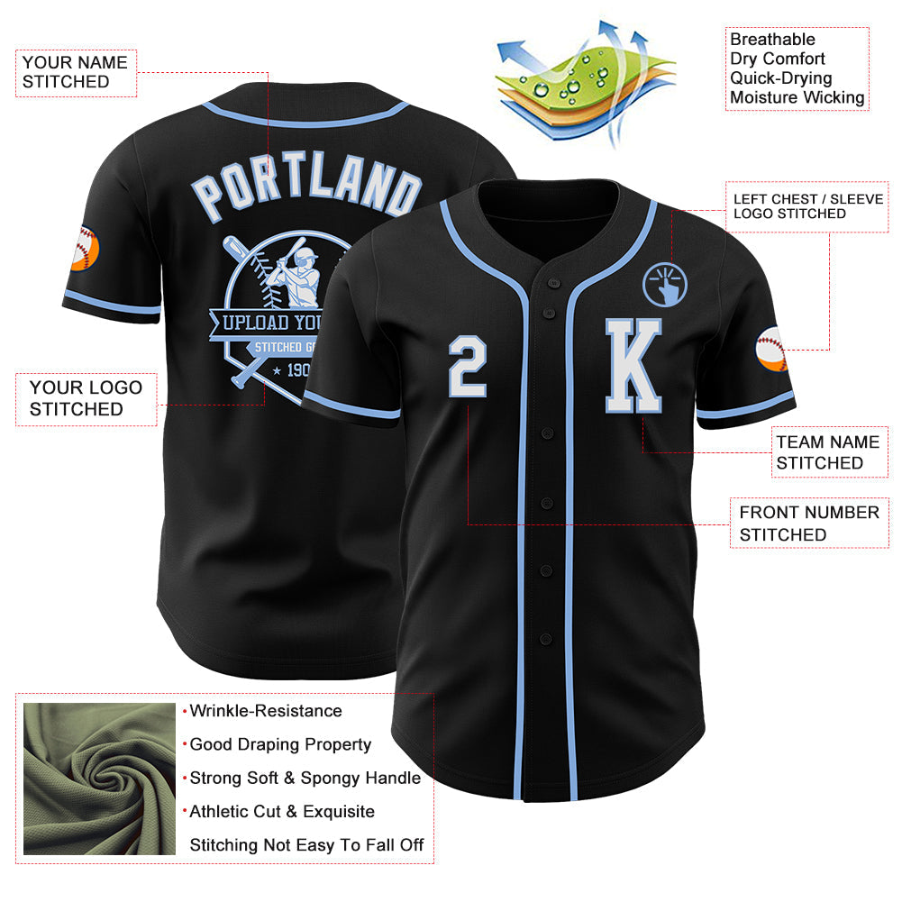 Custom Black White-Light Blue Authentic Baseball Jersey view 6