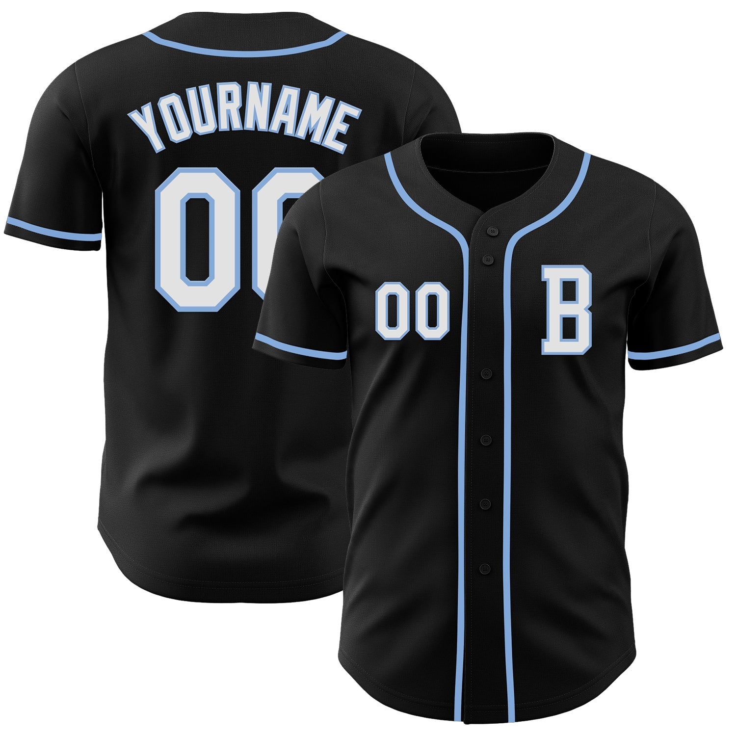 Custom Black White-Light Blue Authentic Baseball Jersey - Main View