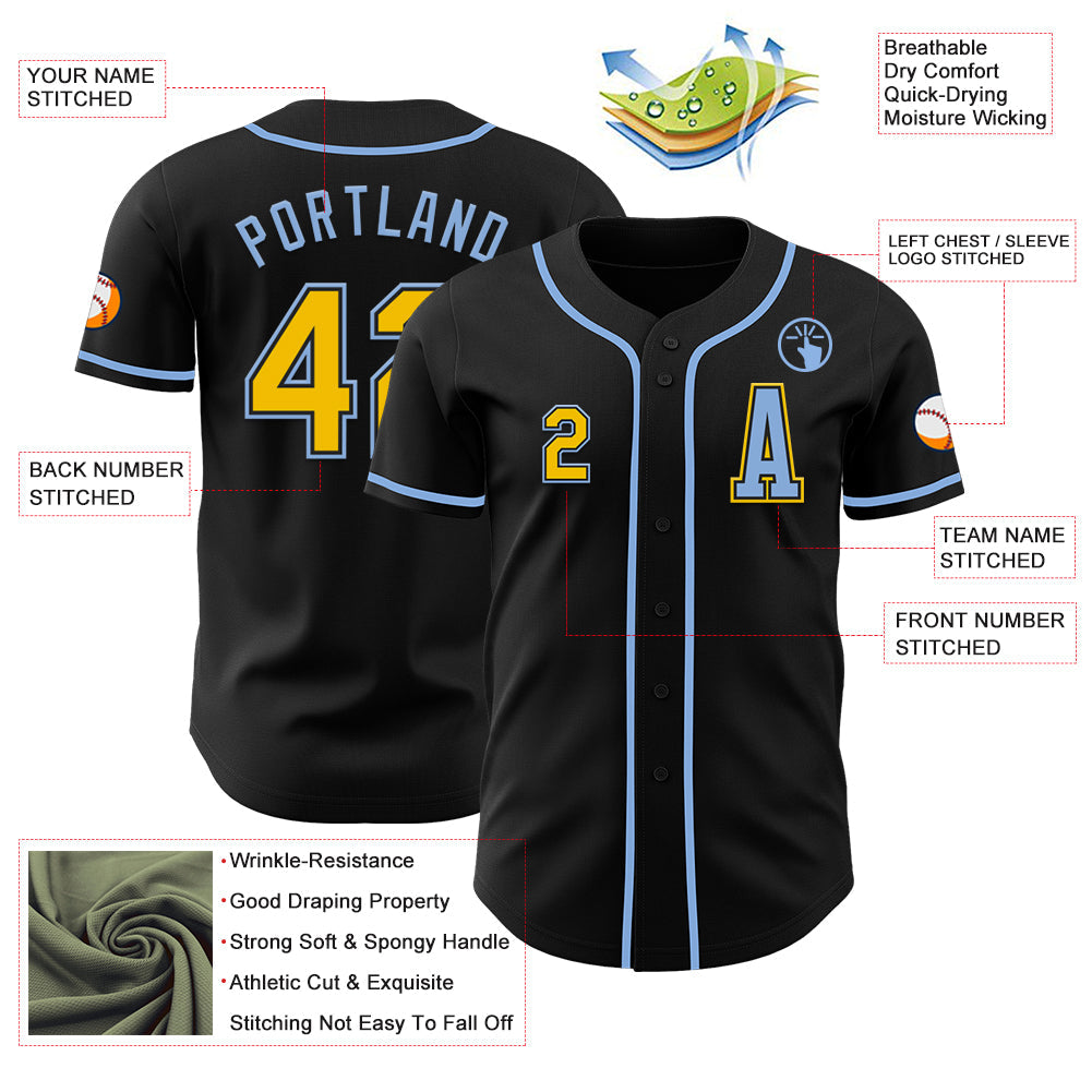 Custom Black Yellow-Light Blue Authentic Baseball Jersey view 2